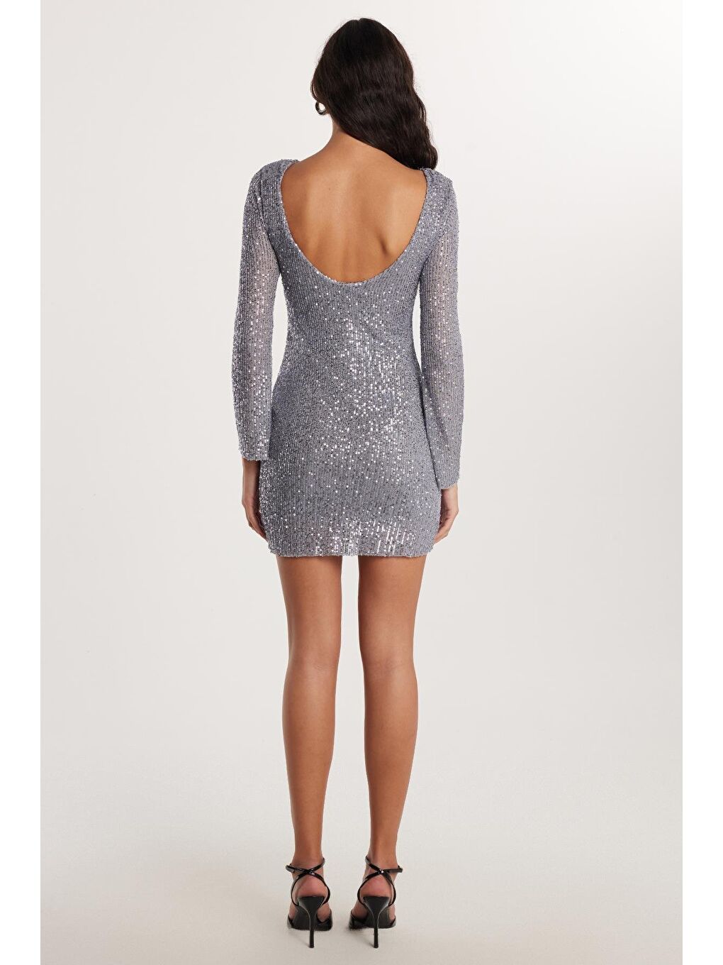 Kadın Slim Fit Dar Kesim Uzun Kol Bisiklet Yaka Düz Gri Elbise-4