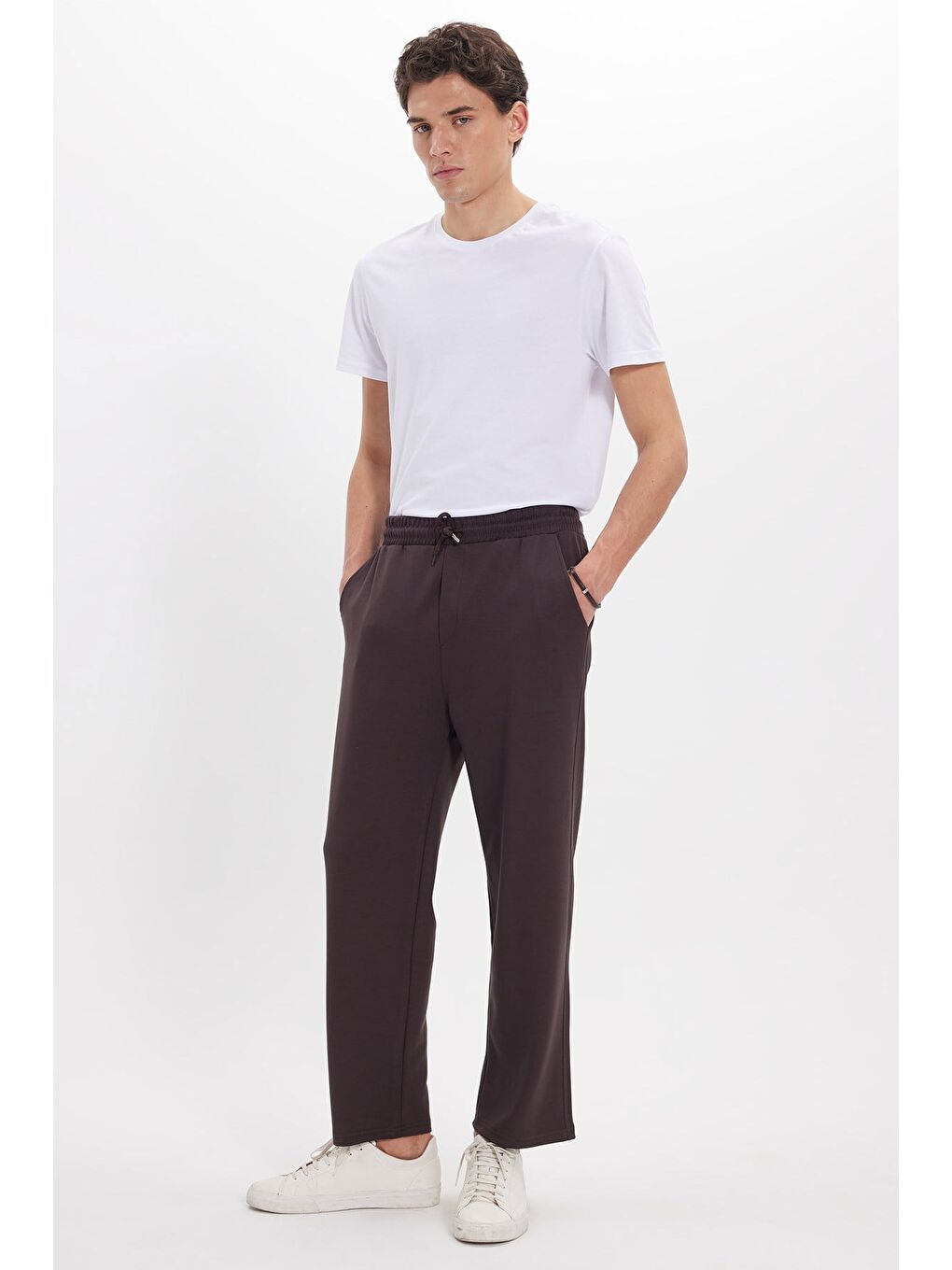 Erkek Kahverengi Baggy Fit Rahat Kesim Modal Kumaş Soft Doku Beli Bağcıklı Yan Cepli Eşofman Altı-6