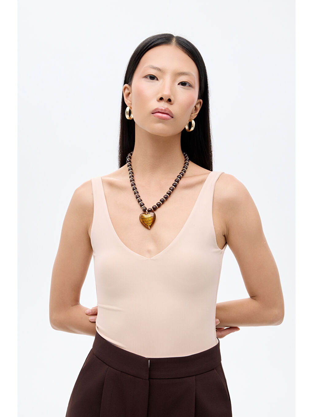 V Yaka Bodysuit Bej-2