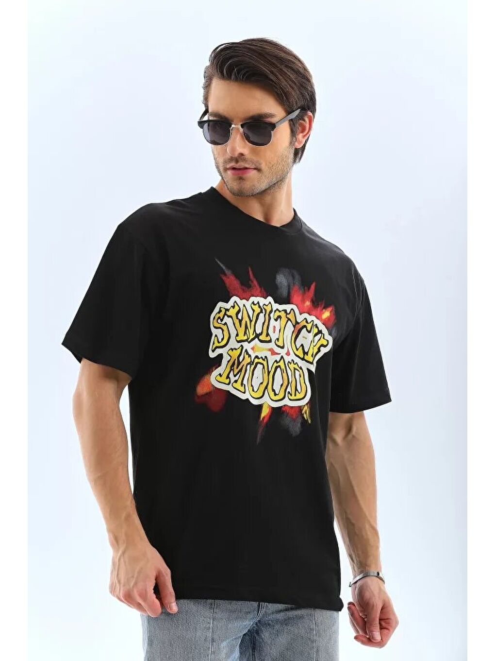 Unisex Oversize Baskılı Bisiklet Yaka T-Shirt - Siyah