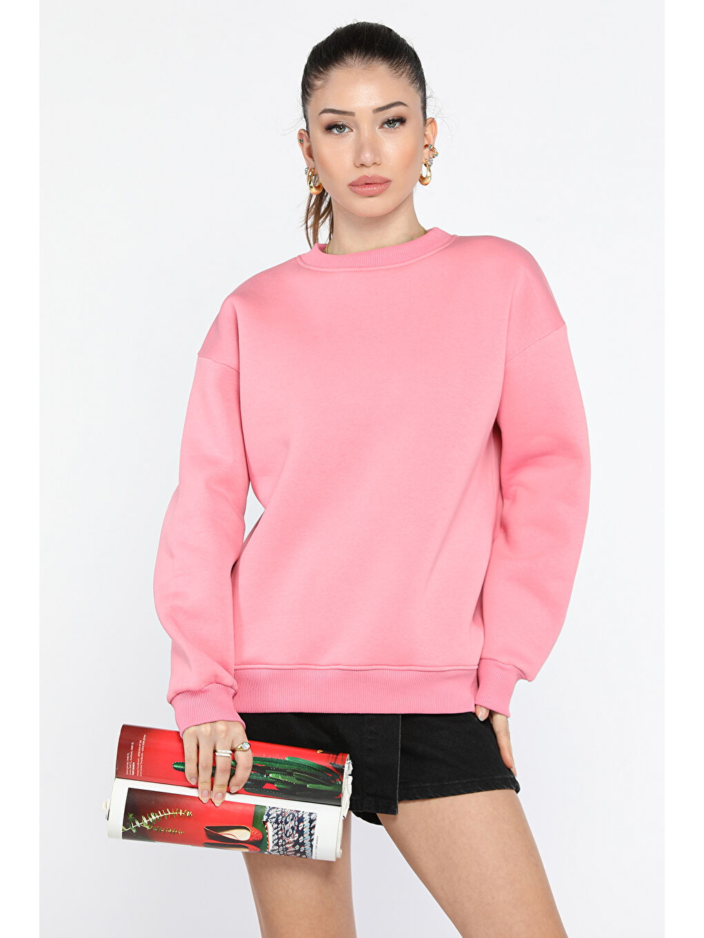 GÜLSELİ Pembe Kadın Üç İplik Şardonlu Bisiklet Yaka Sweatshirt