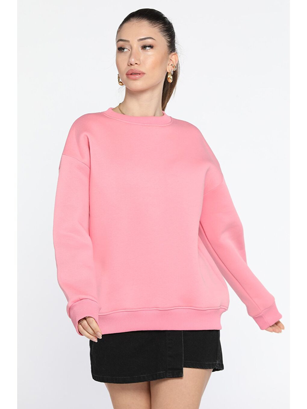 GÜLSELİ Pembe Kadın Üç İplik Şardonlu Bisiklet Yaka Sweatshirt - 1