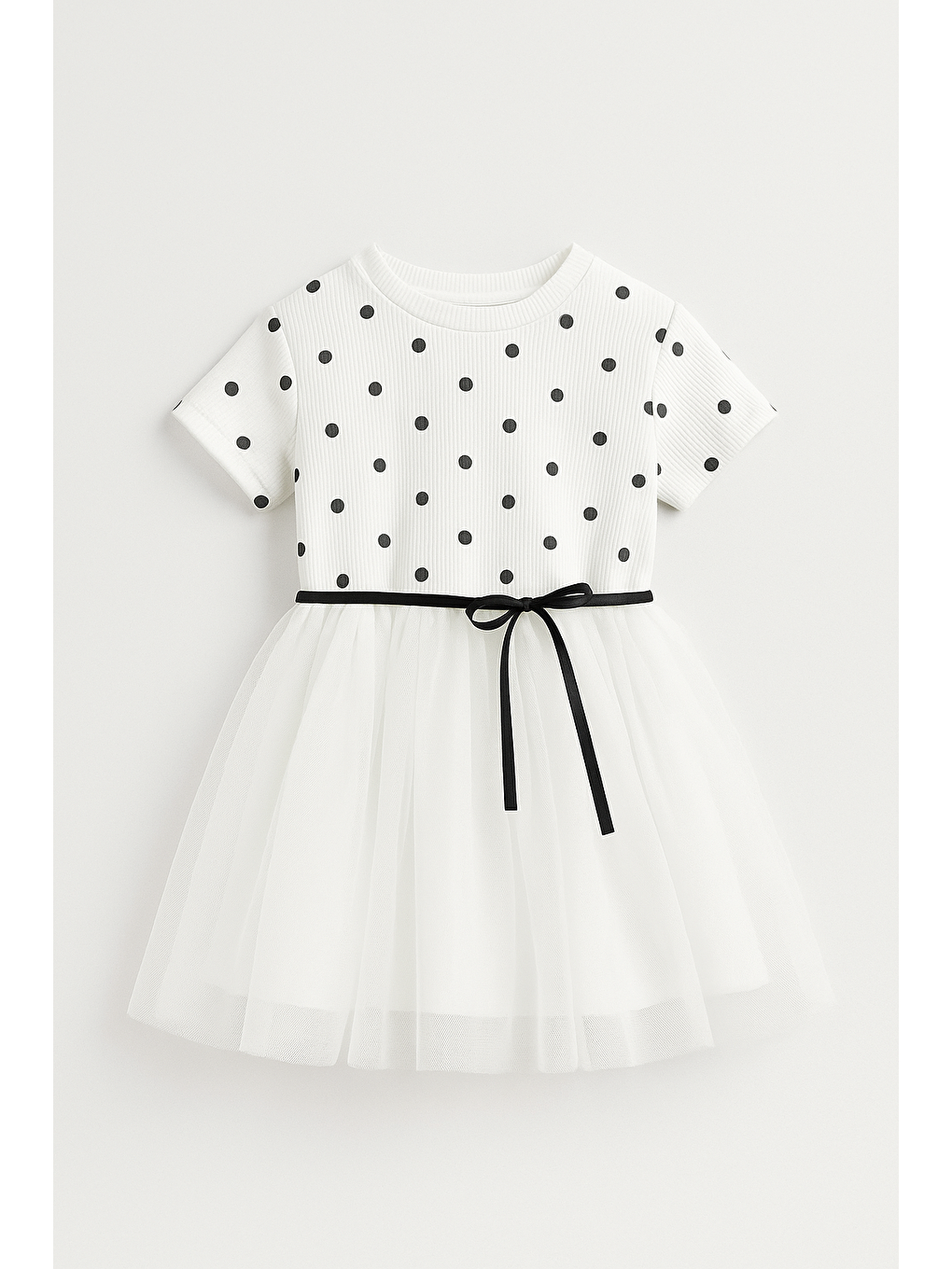 Beyaz Kız Çocuk Pamuklu Ekru Puantiyeli Fiyonklu Tül Elbise - Yazlık Model