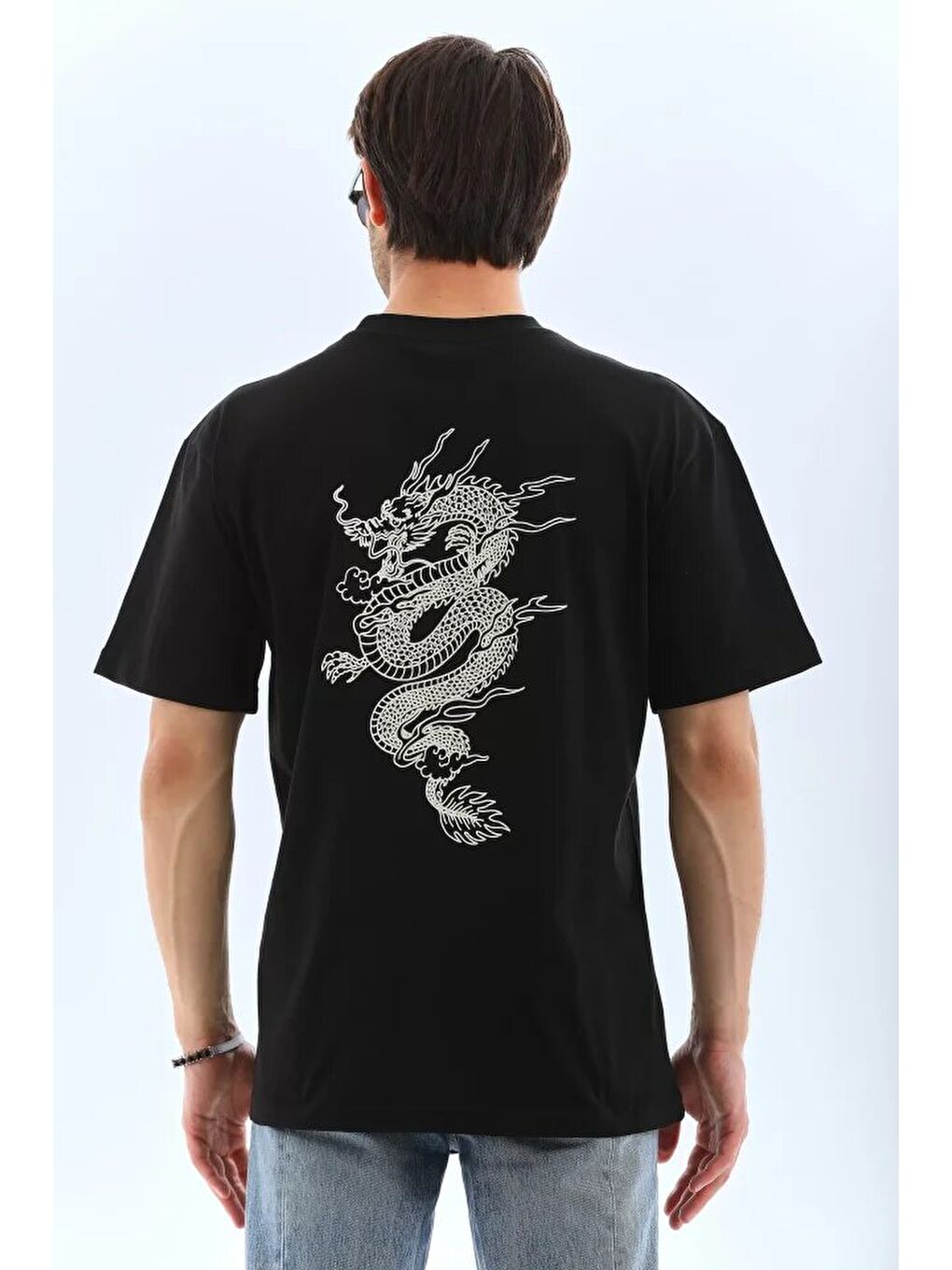 Unisex Oversize Baskılı Bisiklet Yaka T-Shirt - Siyah-1