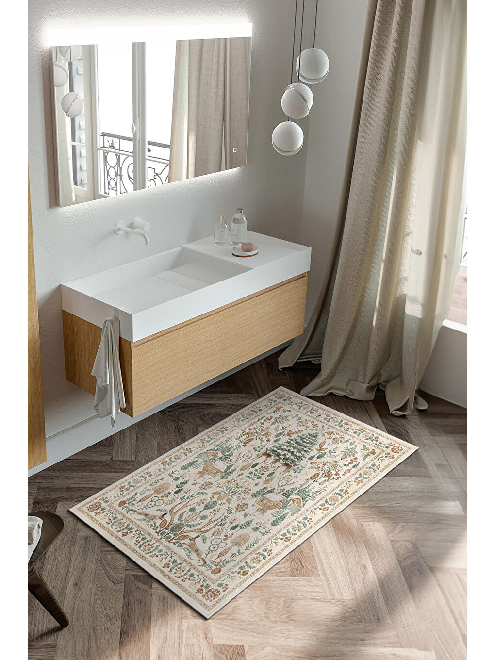 Bej Dekoratif Özel Tasarım Yıkanabilir İnce Kaymaz Tabanlı Modern Halı KECE FR24-3