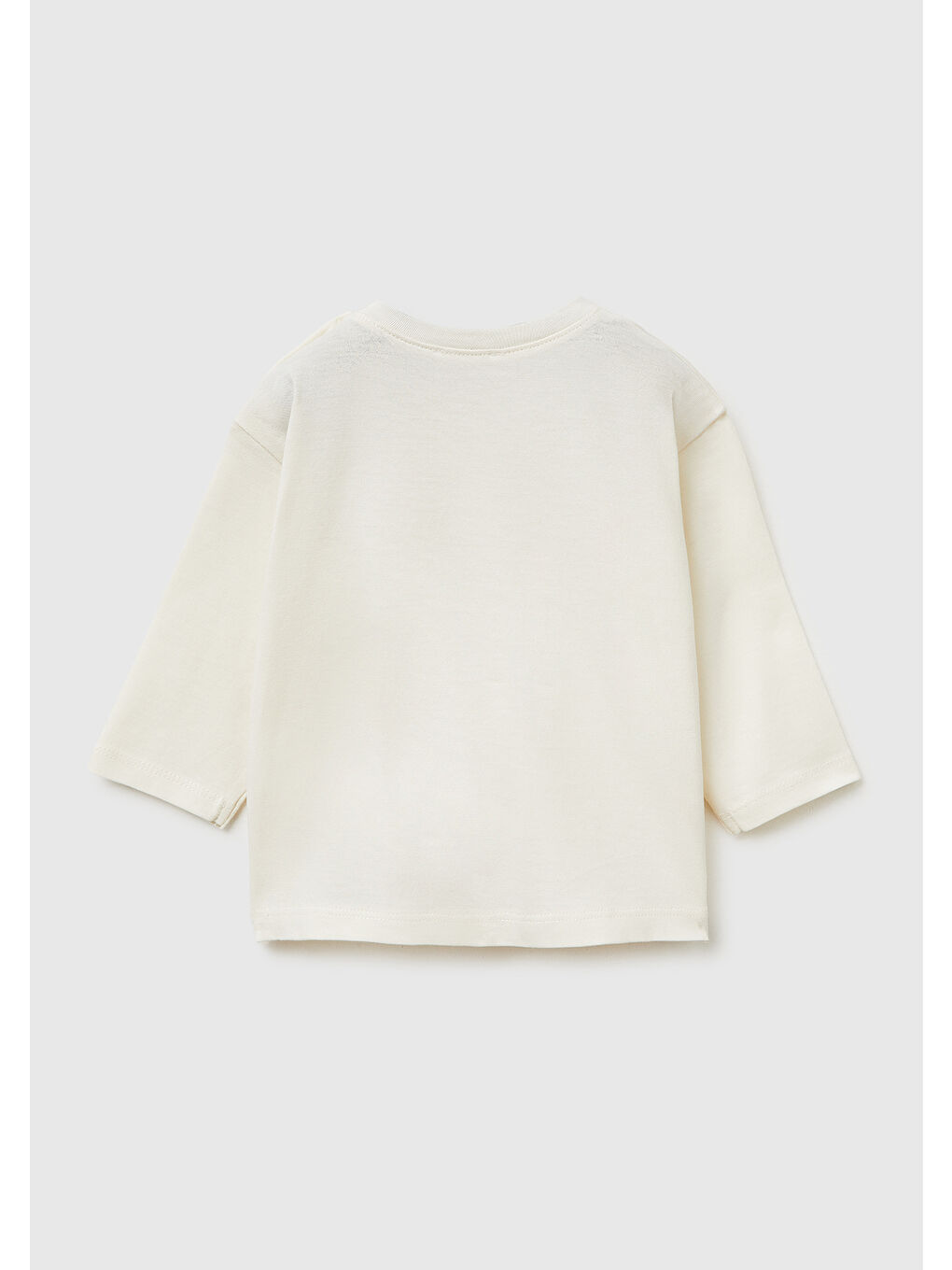 Ekru Bebek Krem Omzu Ahşap Düğme Detaylı İşlemeli Baskılı Uzun Kollu T-Shirt-1
