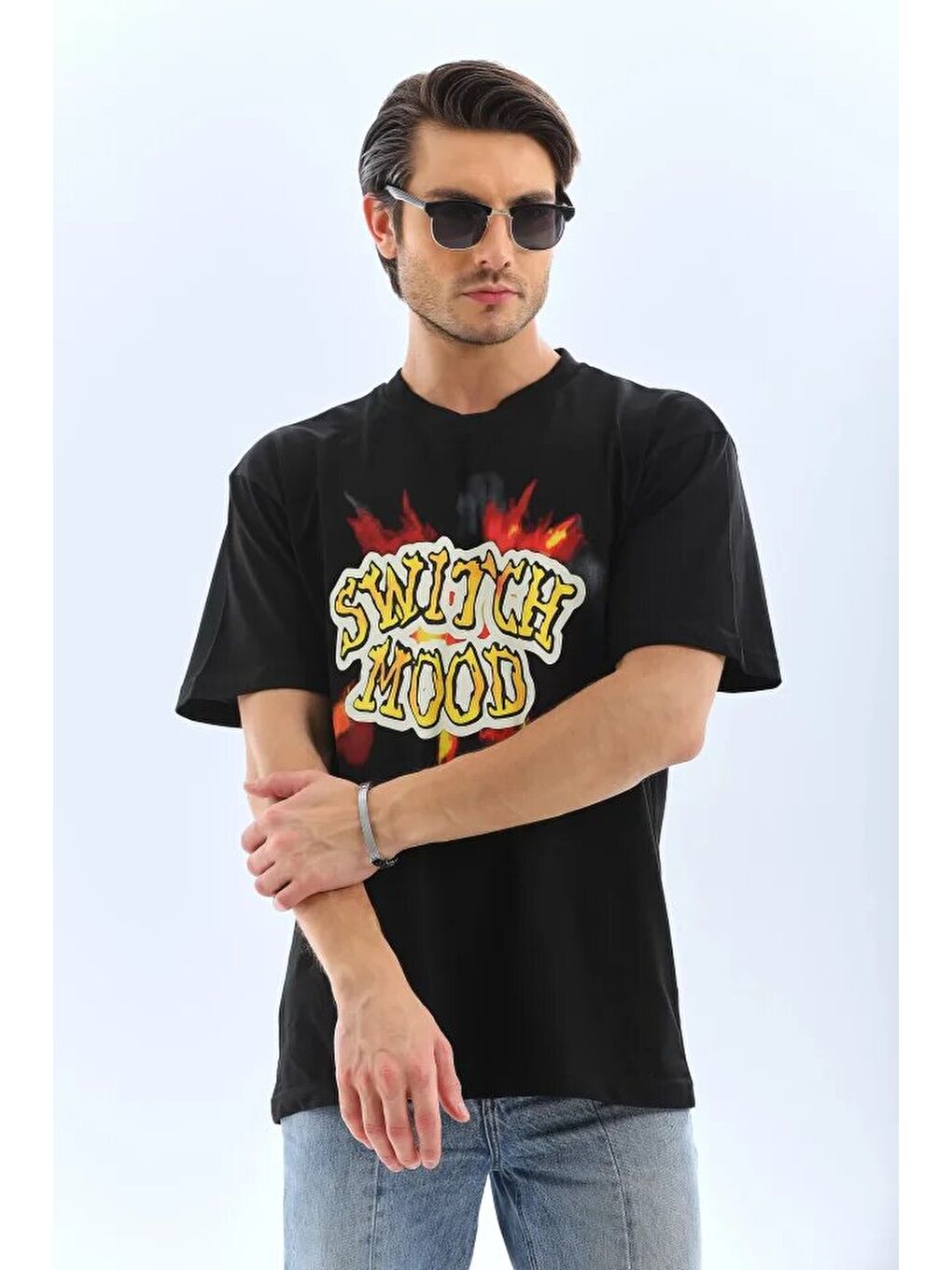 Unisex Oversize Baskılı Bisiklet Yaka T-Shirt - Siyah-2