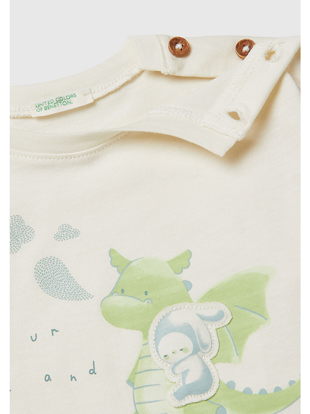 Ekru Bebek Krem Omzu Ahşap Düğme Detaylı İşlemeli Baskılı Uzun Kollu T-Shirt-2