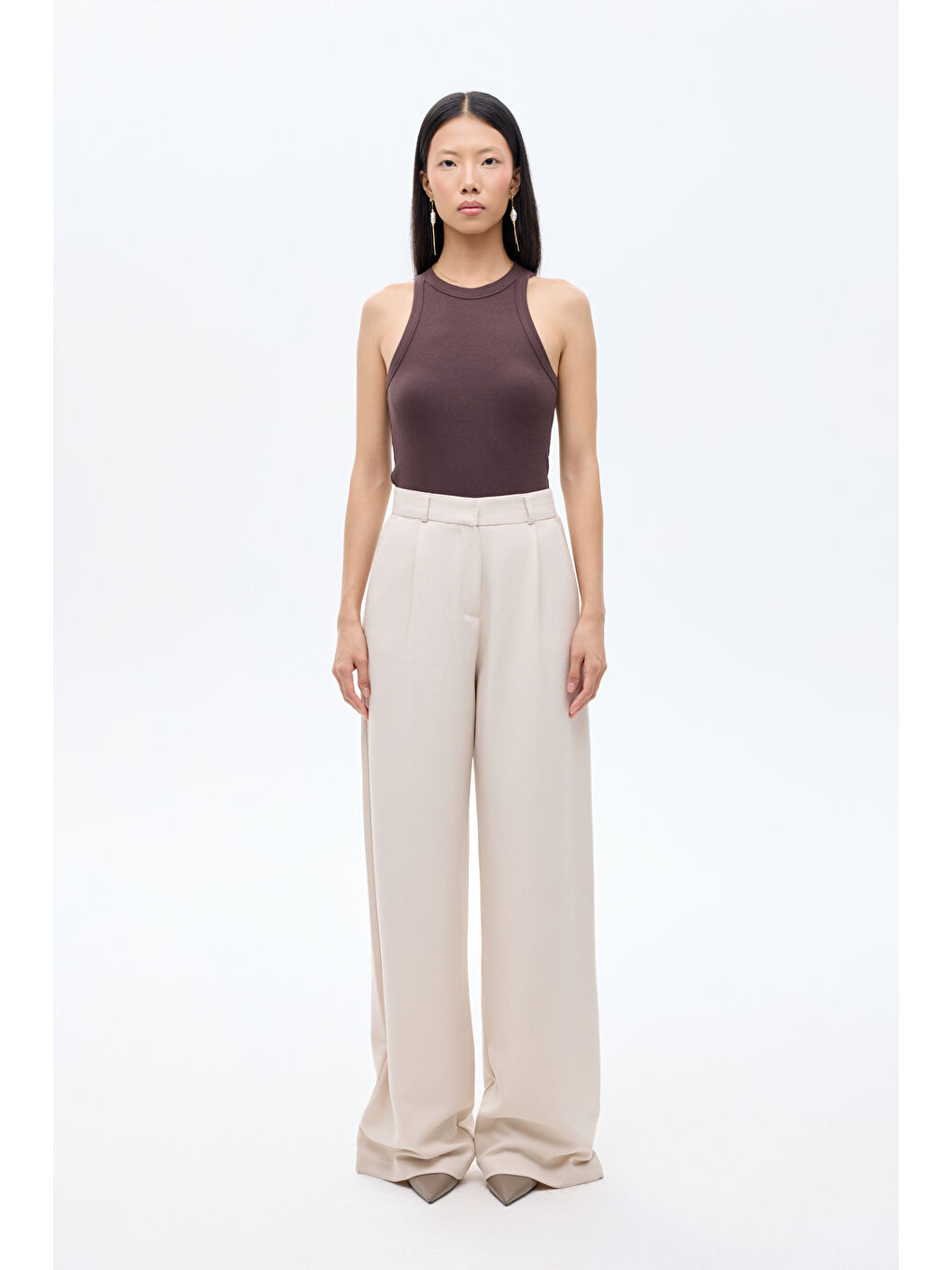 Bol Paça Palazzo Kumaş Pantolon Bej-2