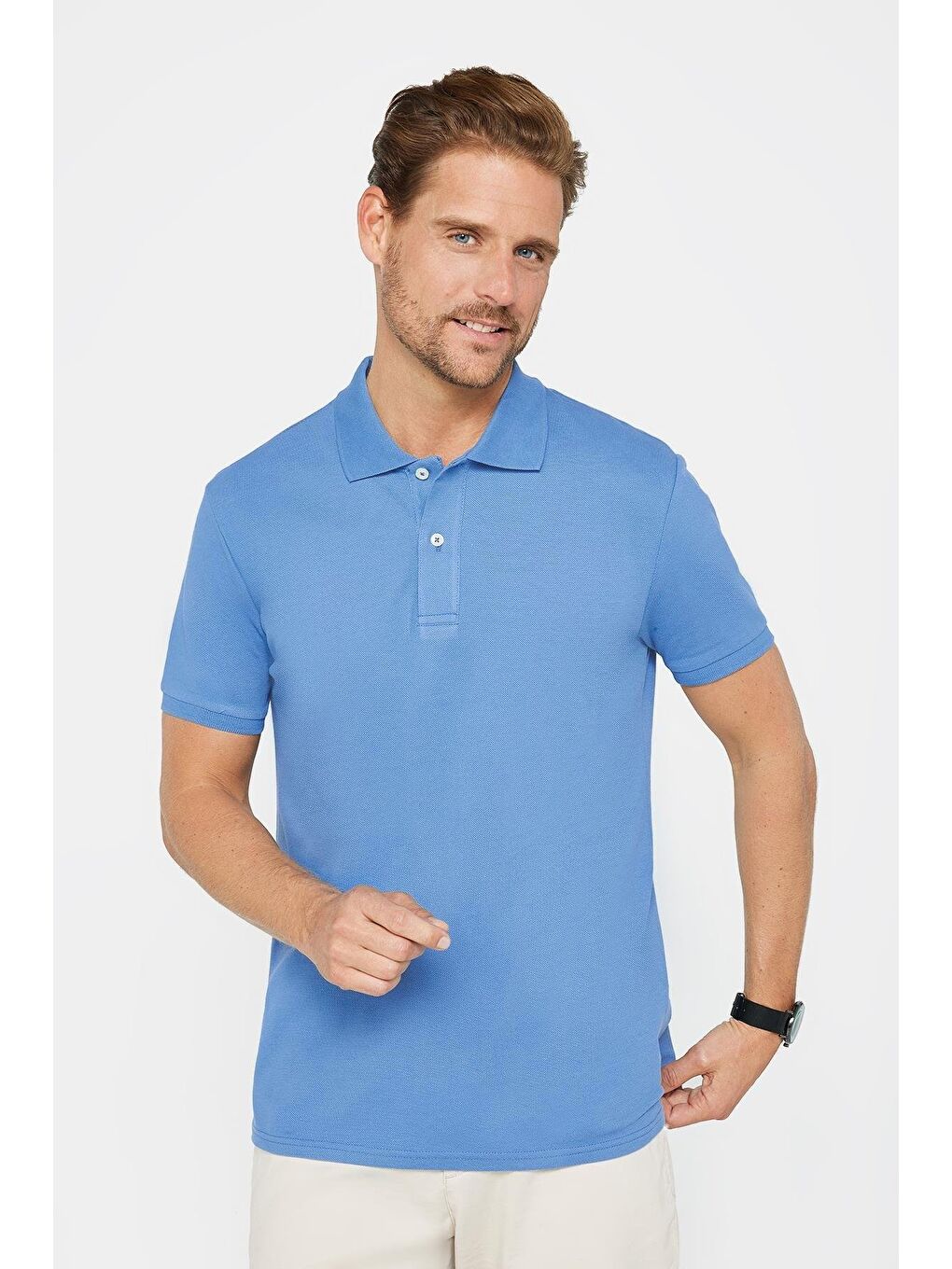 Erkek Slim Fit Dar Kesim %100 Pamuk Mavi Polo Yaka Tişört-1