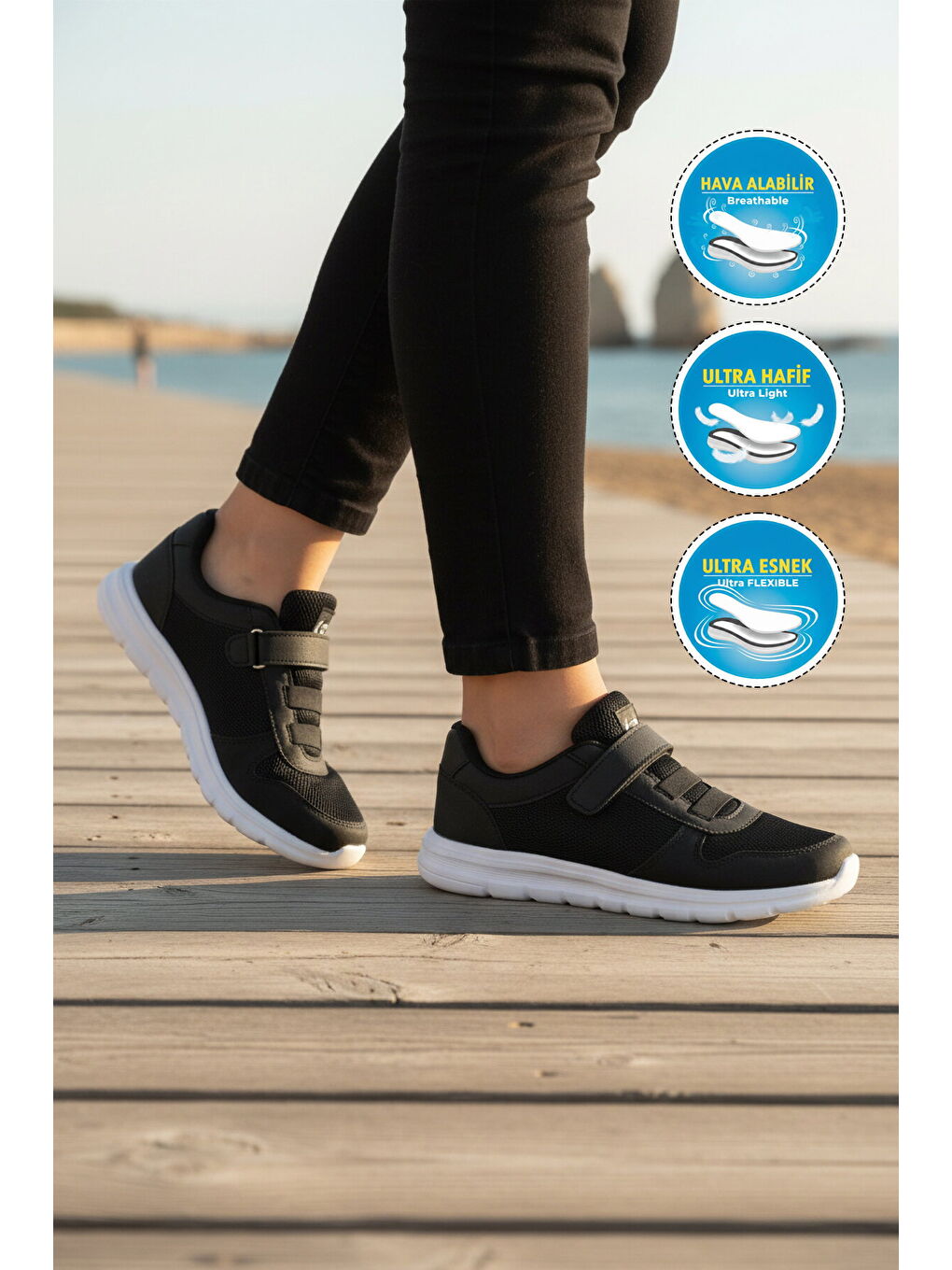 Siyah Beyaz Cırtlı Fileli Hafif Hava Alabilen Unisex Spor Ayakkabı 616 G-2