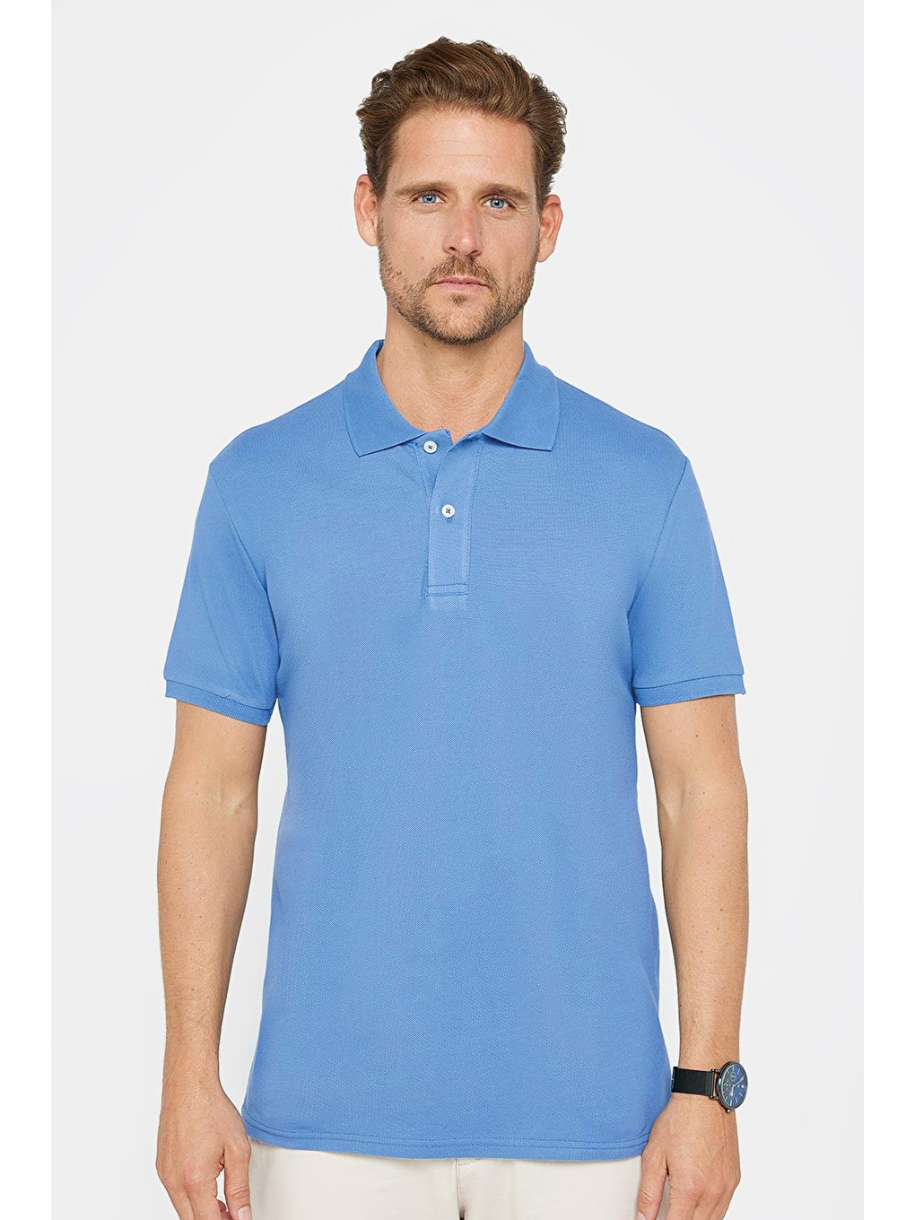 Erkek Slim Fit Dar Kesim %100 Pamuk Mavi Polo Yaka Tişört-3