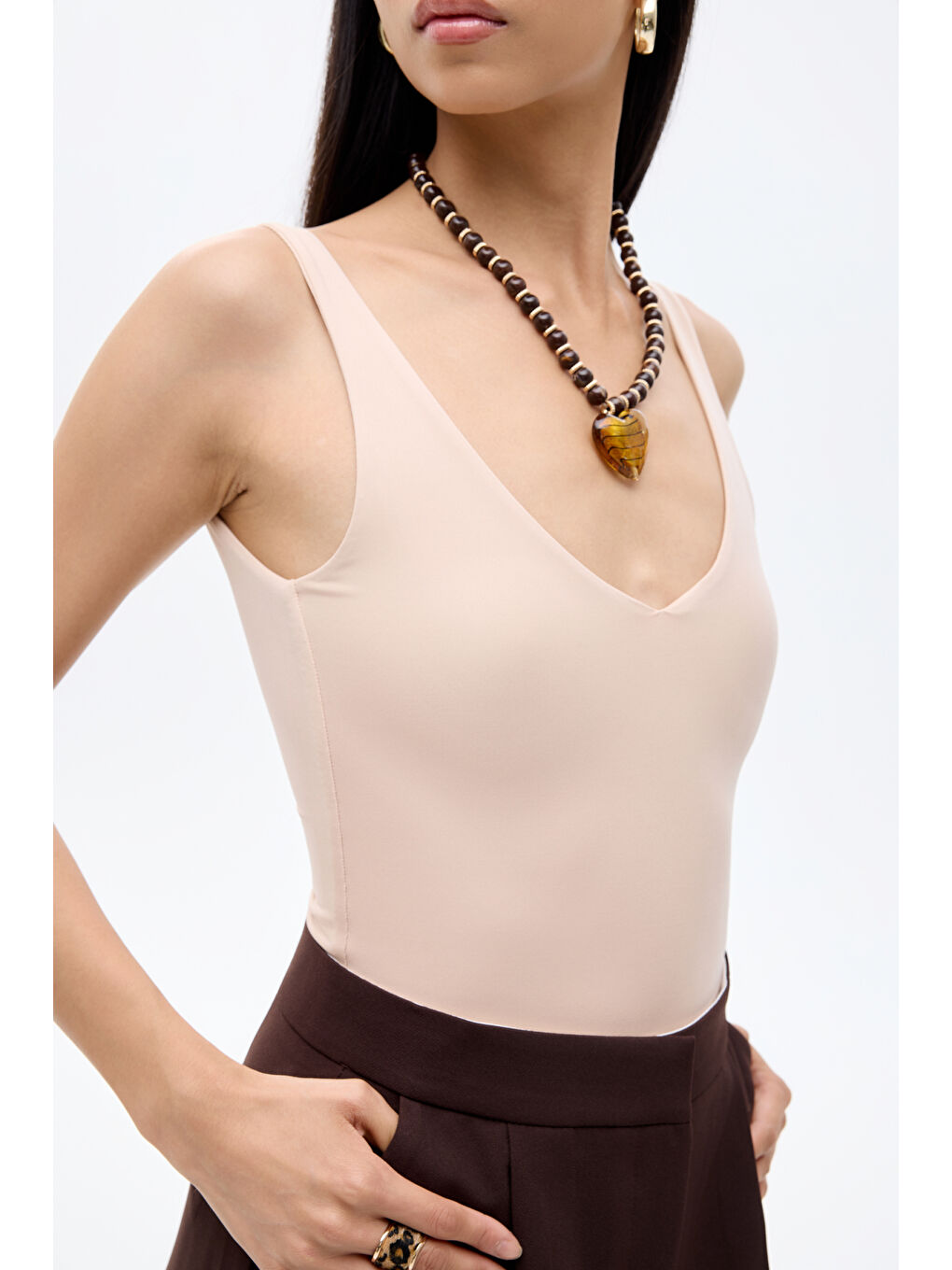 V Yaka Bodysuit Bej-3