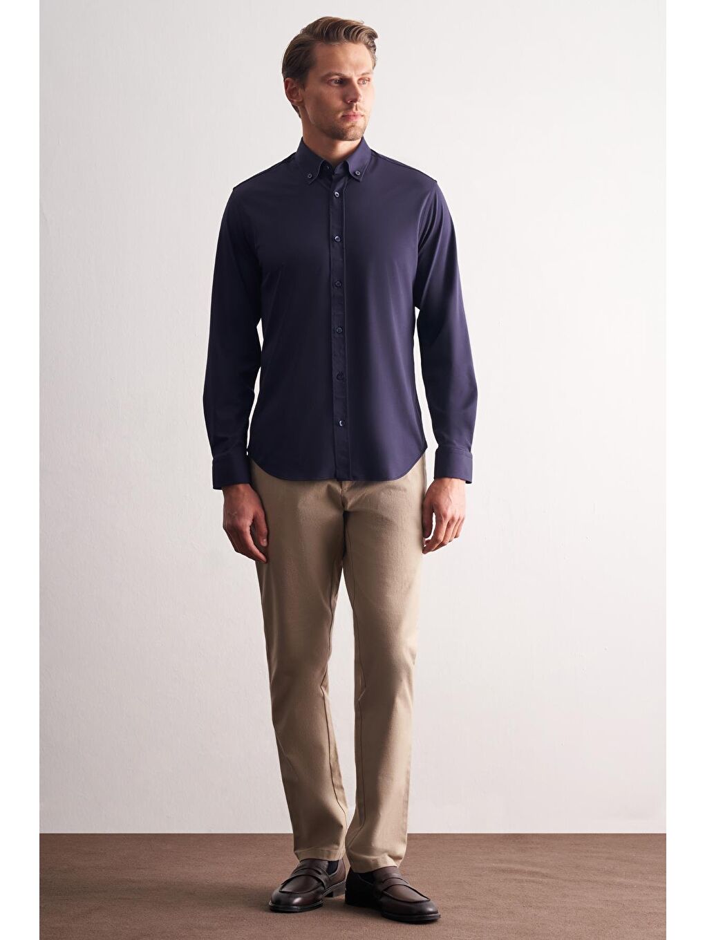 Lacivert Düğmeli Yaka Örme Uzun Kol Performans Ürün Slim Fit Esnek Gömlek 1004255270-1