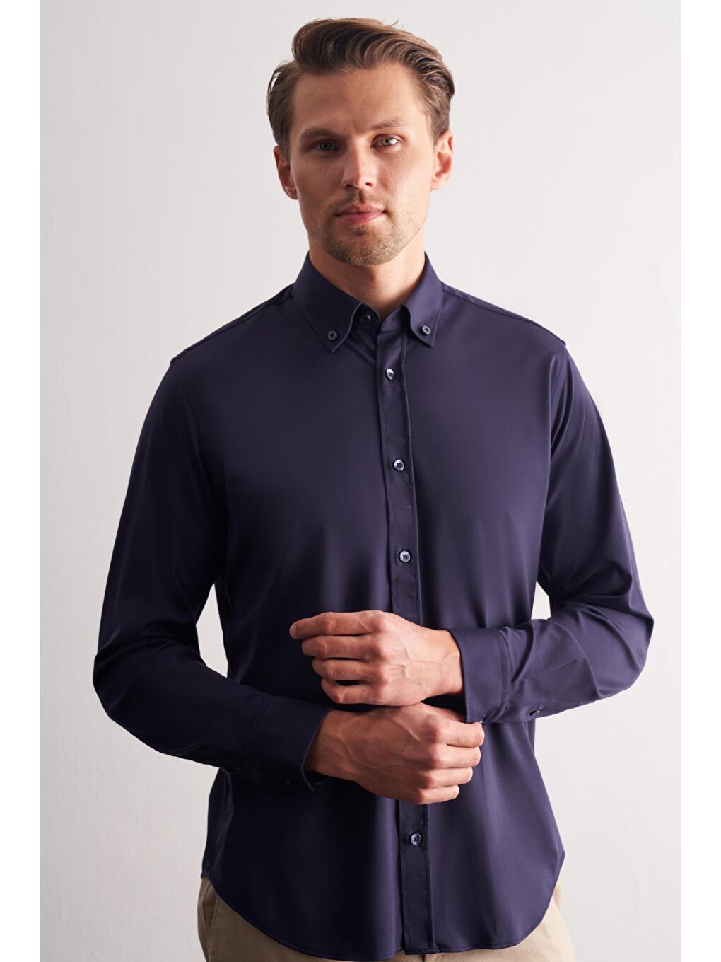 Lacivert Düğmeli Yaka Örme Uzun Kol Performans Ürün Slim Fit Esnek Gömlek 1004255270-2