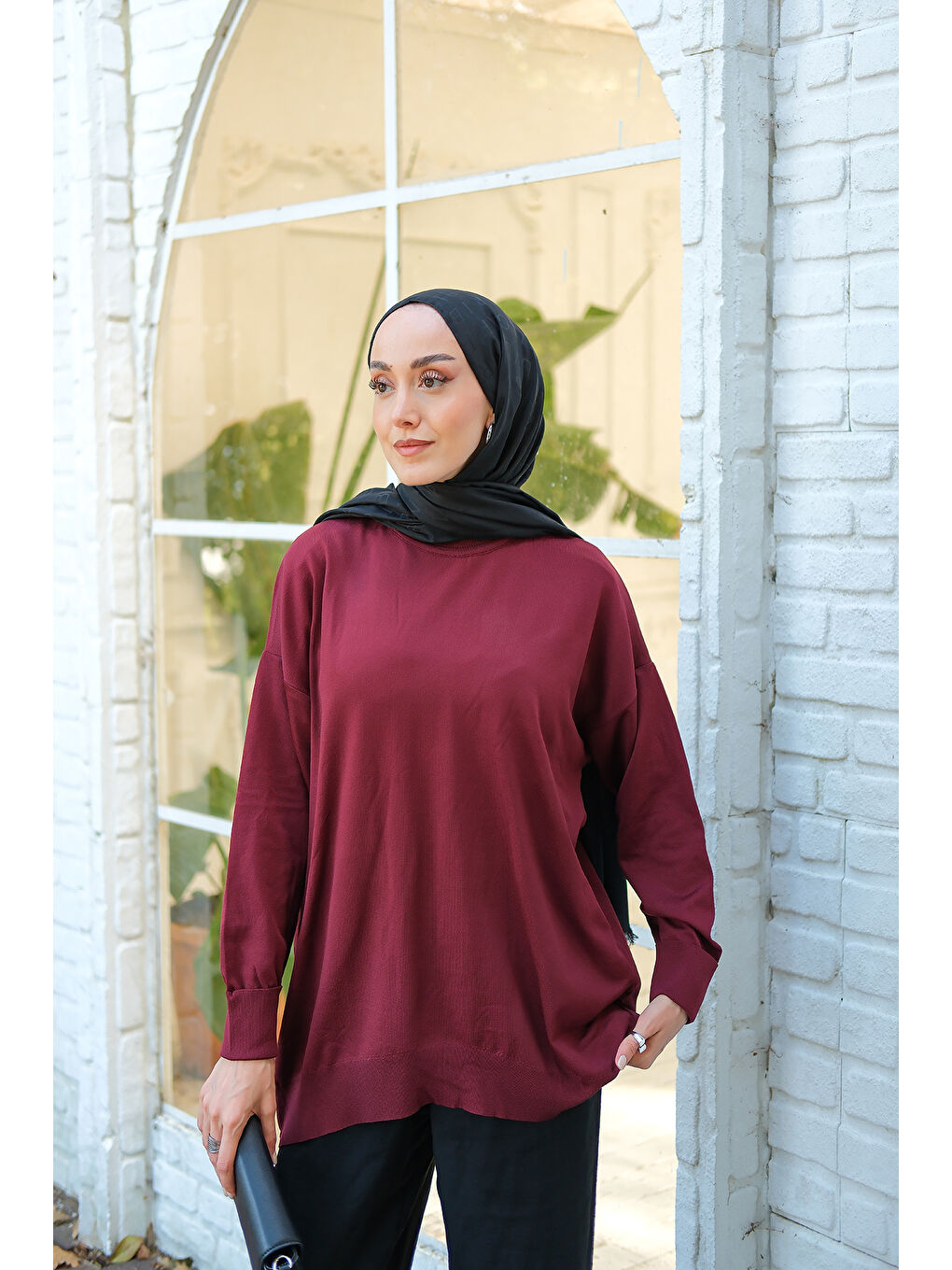 Kadın Bisiklet Yaka Oversize Triko Kazak Bordo