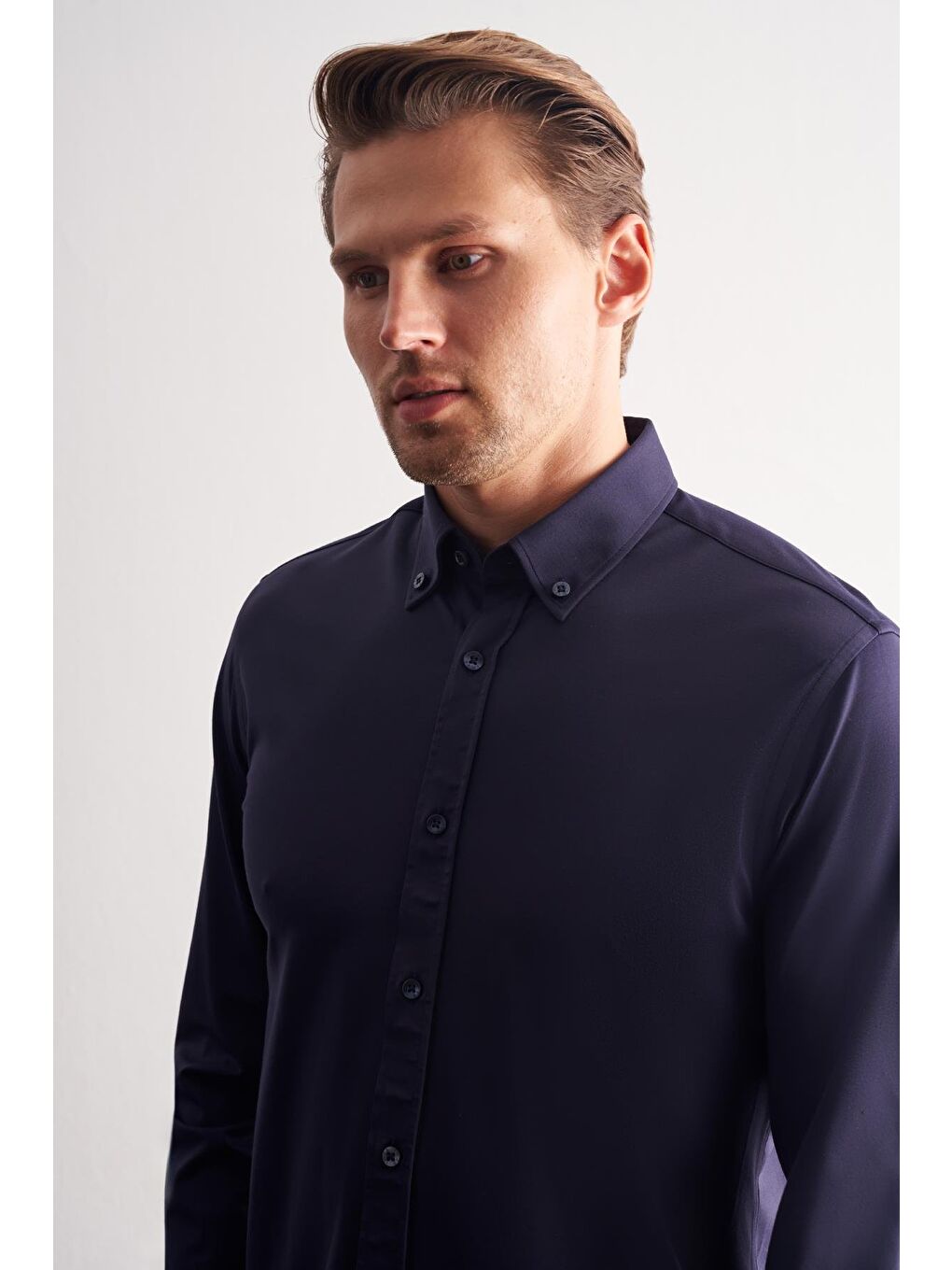 Lacivert Düğmeli Yaka Örme Uzun Kol Performans Ürün Slim Fit Esnek Gömlek 1004255270-3