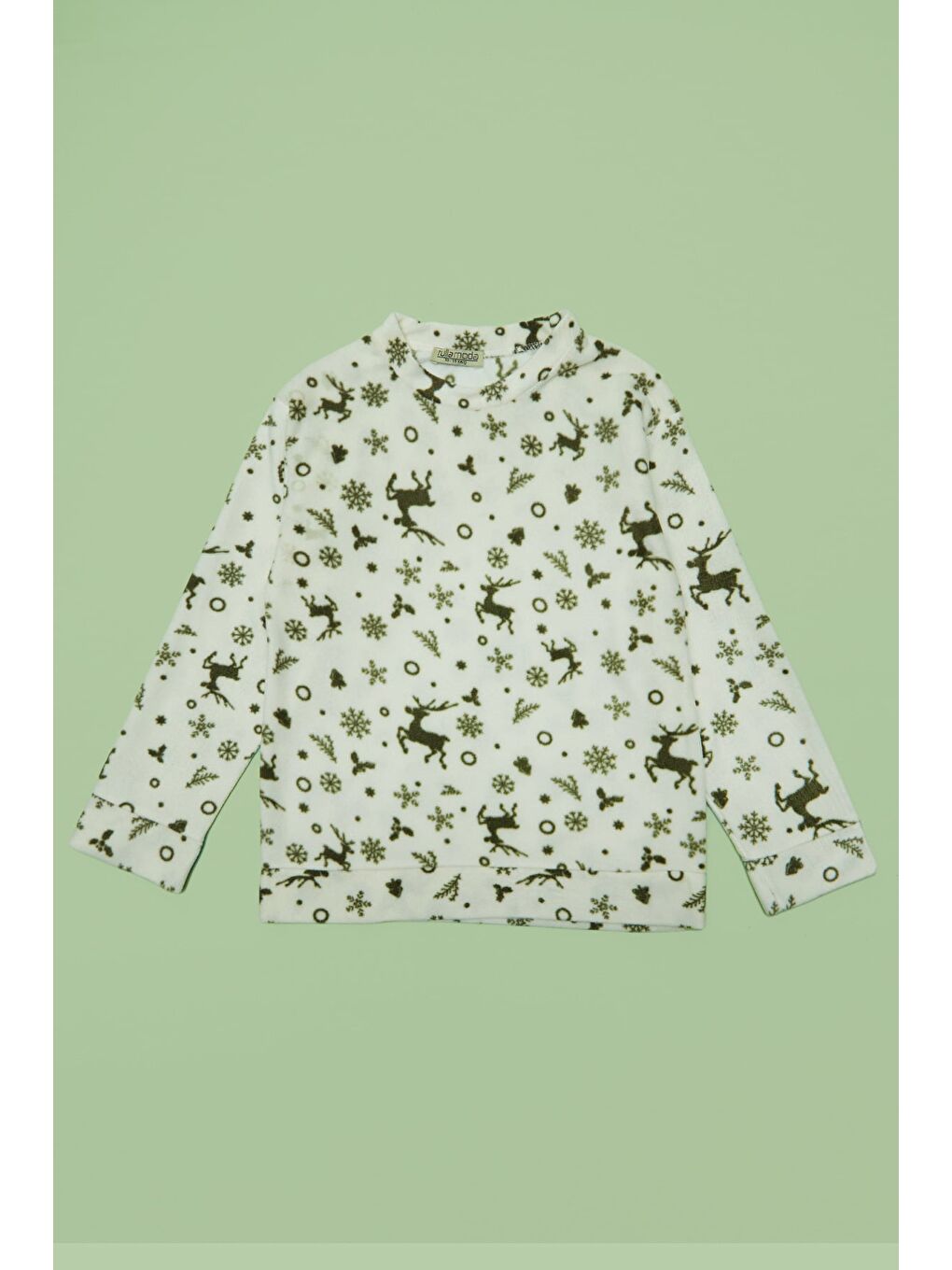 Ekru Geyik Desenli Polar Unisex Çocuk Pijama Takımı-1