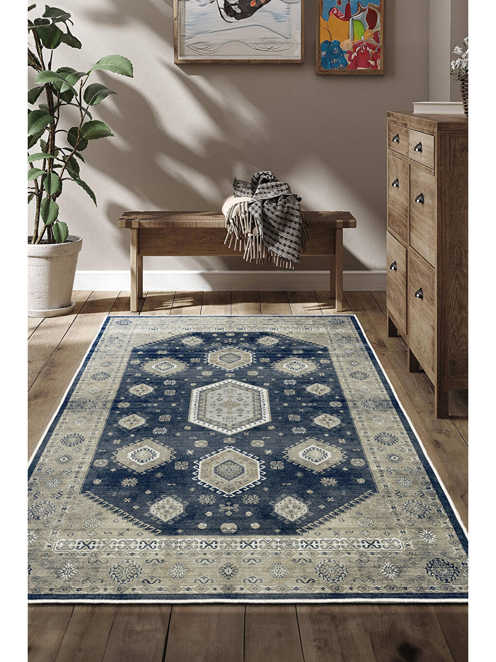 Lacivert Dekoratif Özel Tasarım Yıkanabilir İnce Kaymaz Tabanlı Modern Halı KECE FR24-1