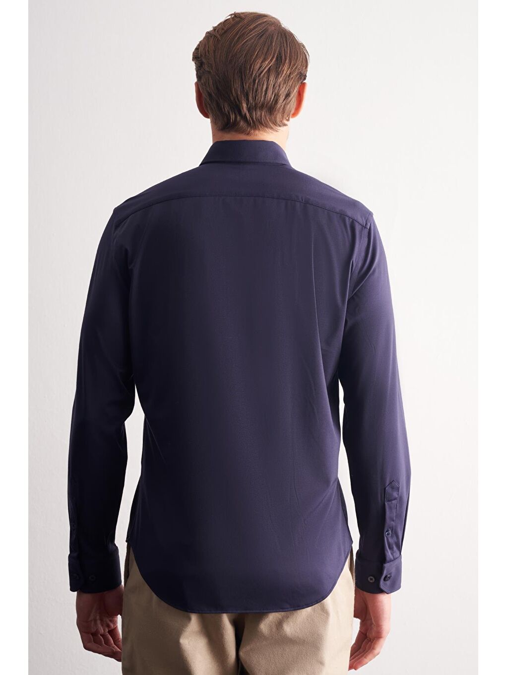 Lacivert Düğmeli Yaka Örme Uzun Kol Performans Ürün Slim Fit Esnek Gömlek 1004255270-4