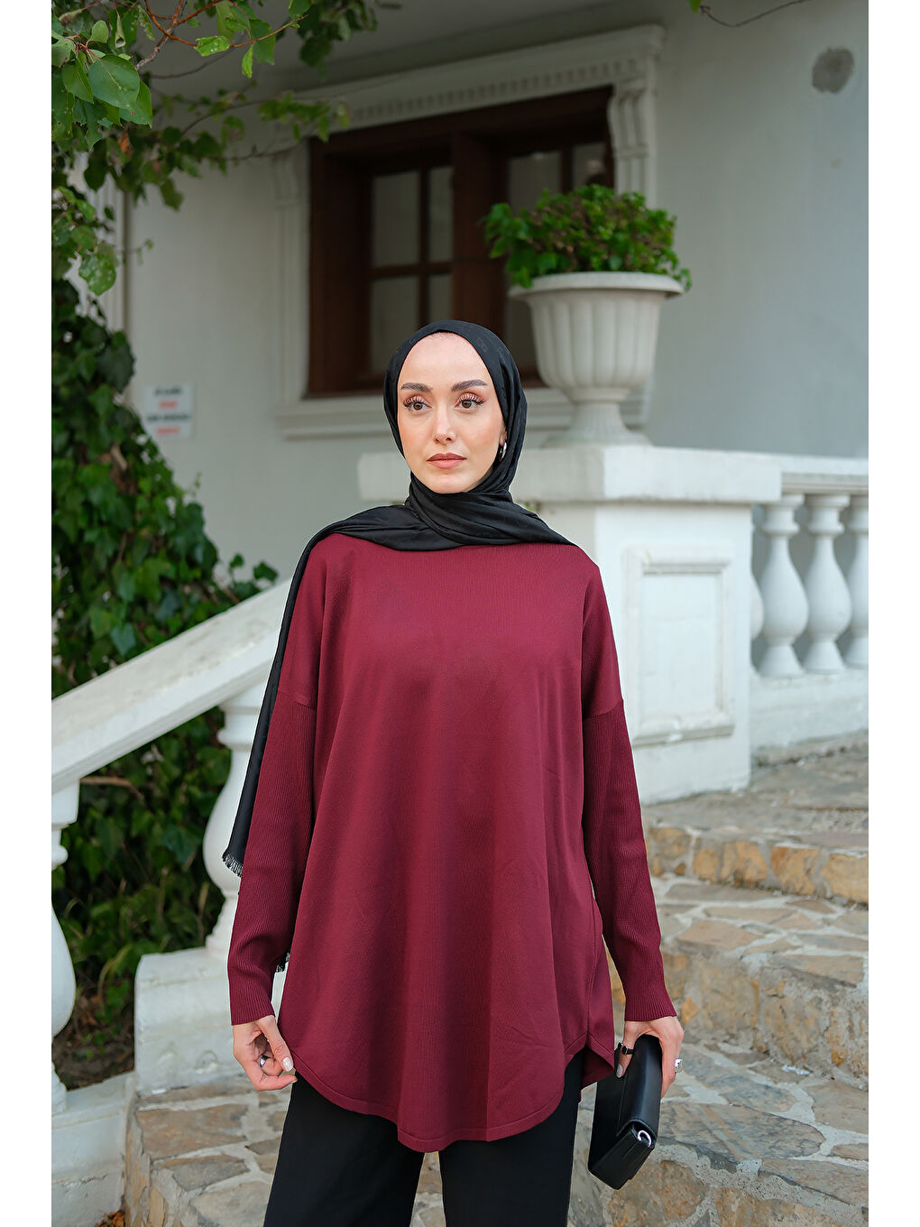 Kadın Kol Lastik Detay Tunik Bordo-1