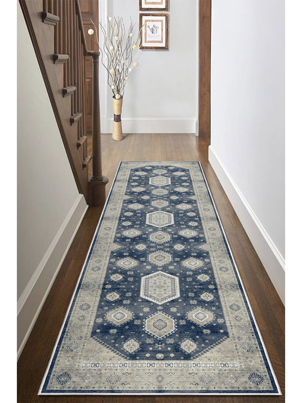 Lacivert Dekoratif Özel Tasarım Yıkanabilir İnce Kaymaz Tabanlı Modern Halı KECE FR24-4