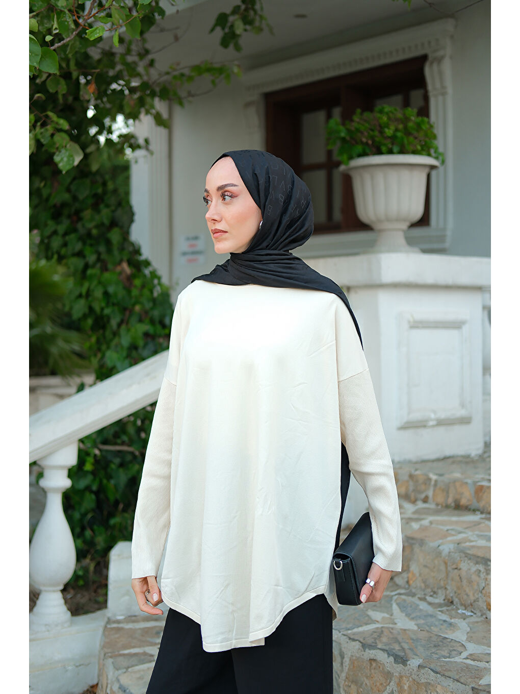 Kadın Kol Lastik Detay Tunik Ekru-3