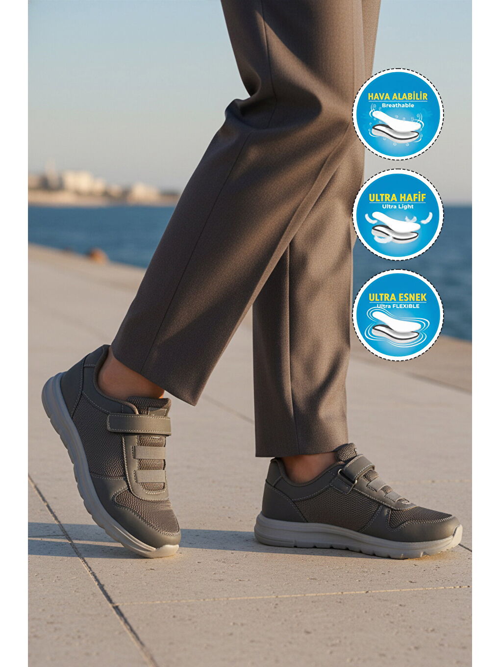 Gri Füme Cırtlı Fileli Hafif Hava Alabilen Unisex Spor Ayakkabı 616 G-2