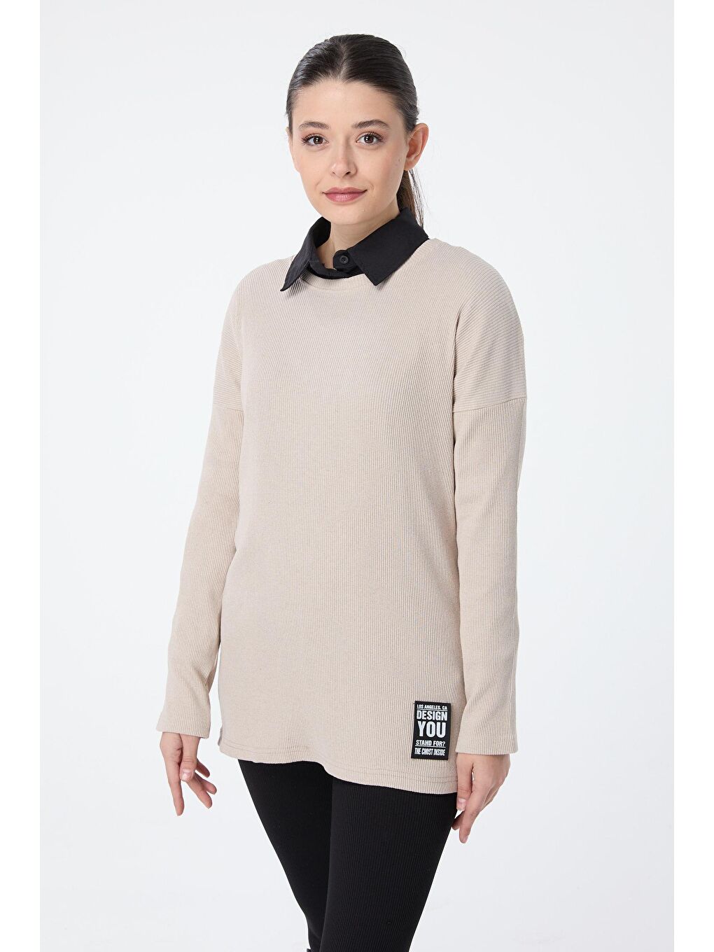 Bisiklet Yaka Kadın Bej Sweat - 23763-3