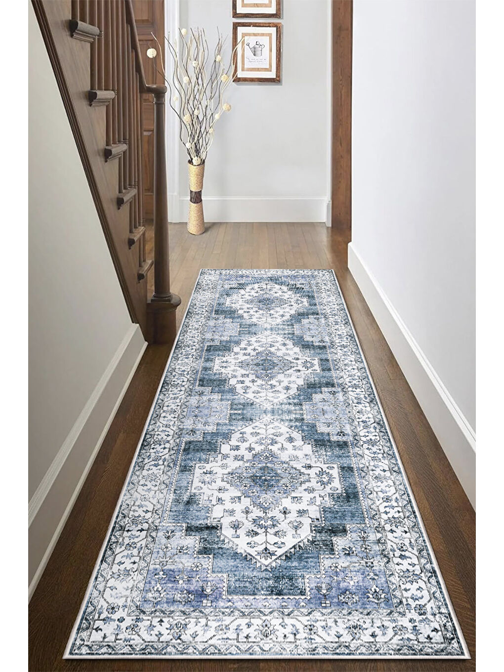 Mavi Dekoratif Özel Tasarım Yıkanabilir İnce Kaymaz Tabanlı Modern Halı KECE FR27-4