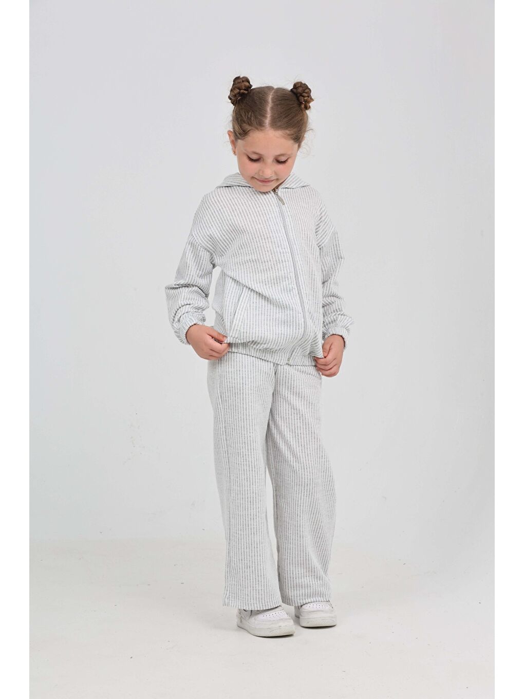Gri Kız Çocuk Çizgili Eşofman Takım