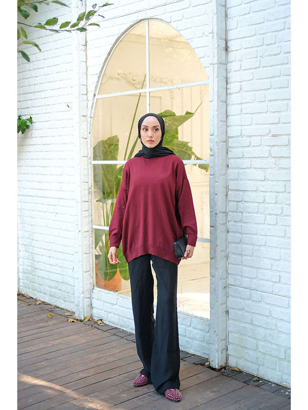 Kadın Bisiklet Yaka Oversize Triko Kazak Bordo-1