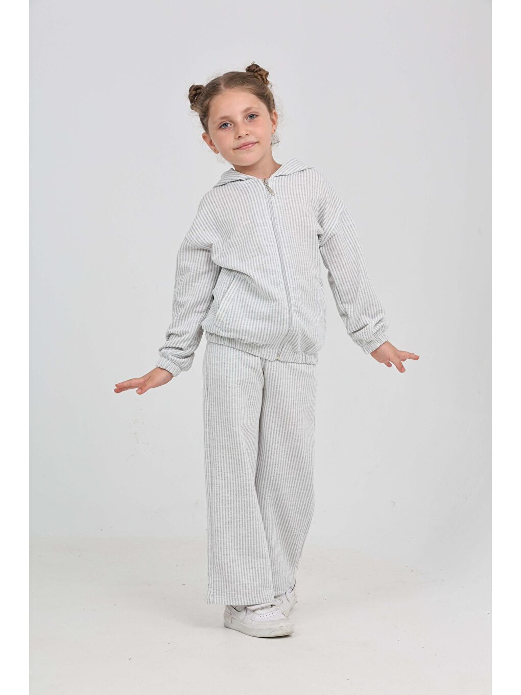 Gri Kız Çocuk Çizgili Eşofman Takım-1