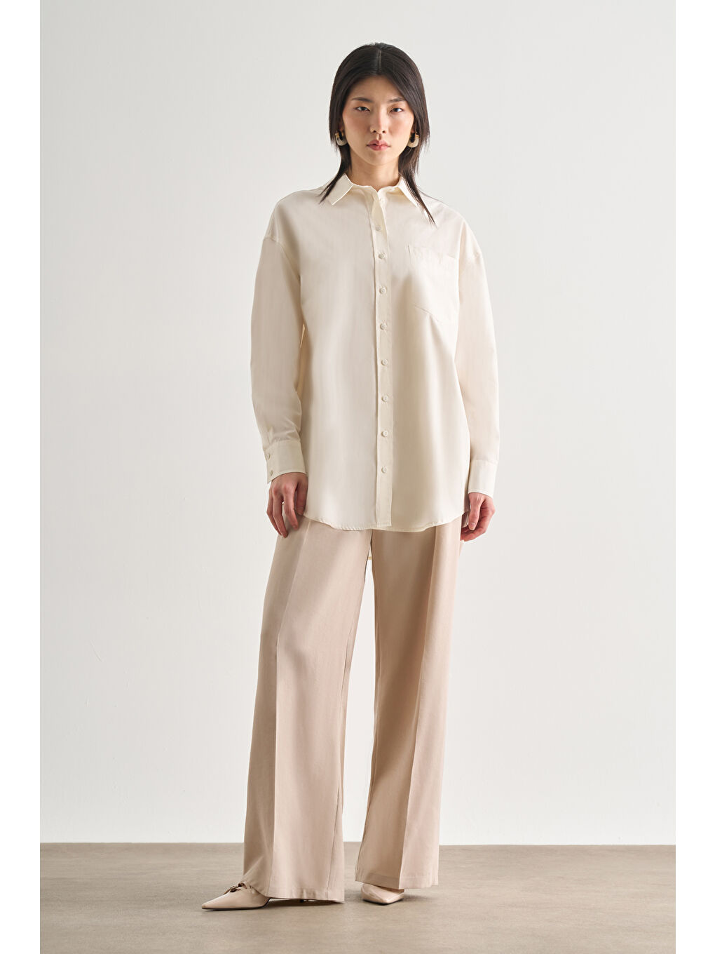 Premium Saf Pamuk Ekru Oversize Gömlek
