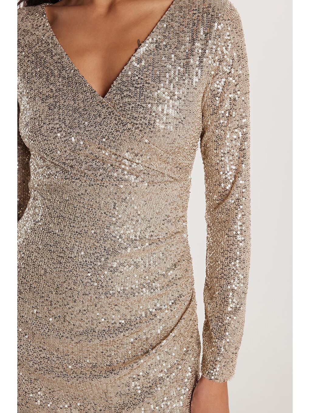 Bej Kadın Slim Fit Dar Kesim Uzun Kol Taş Renk V Yaka Mini Boy Elbise-2