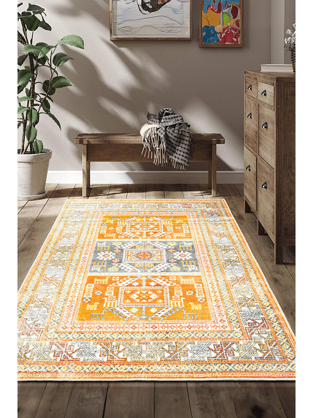 Sarı Dekoratif Özel Tasarım Yıkanabilir İnce Kaymaz Tabanlı Modern Halı KECE FR22-1