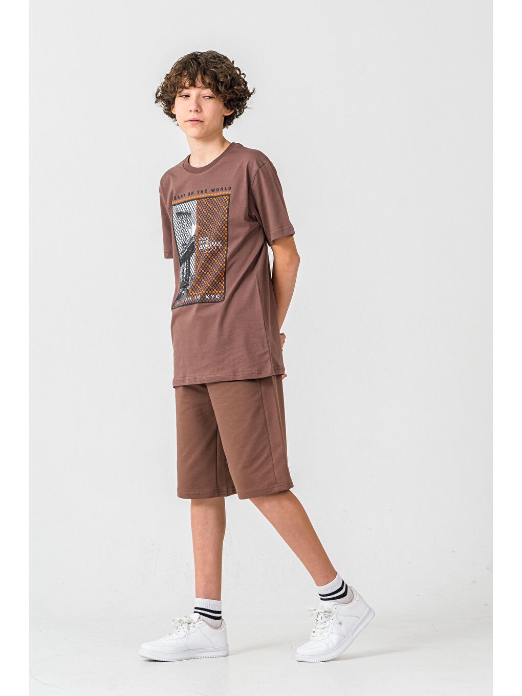 Kahverengi Heart Of The World Baskılı Cep Altı New York Amazing City Baskılı Erkek Çocuk Şort - Tişört Takımı-3