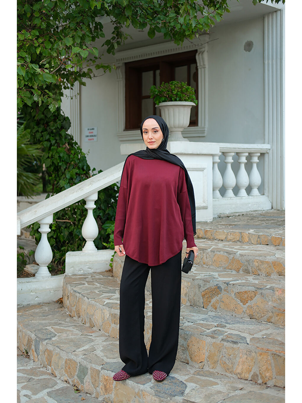 Kadın Kol Lastik Detay Tunik Bordo-2