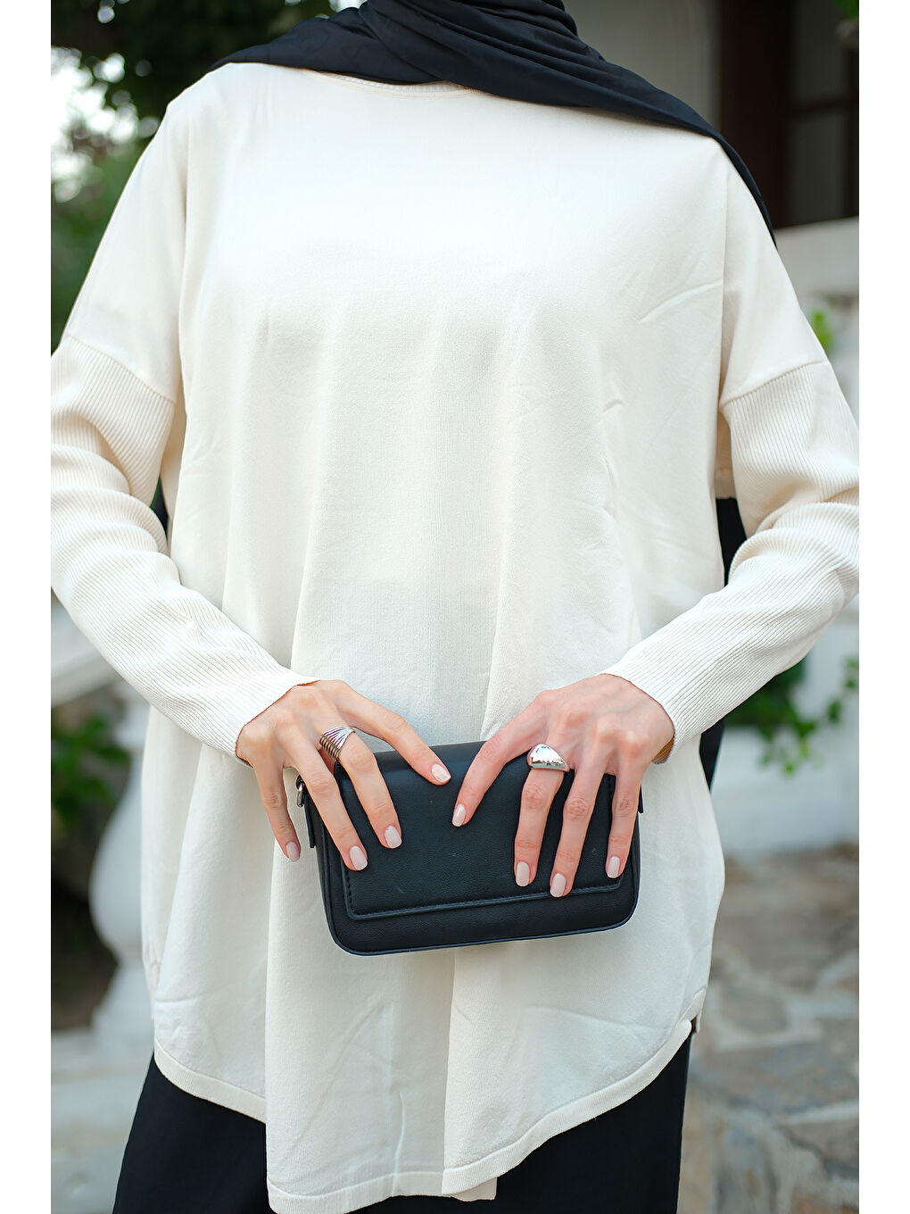 Kadın Kol Lastik Detay Tunik Ekru-4