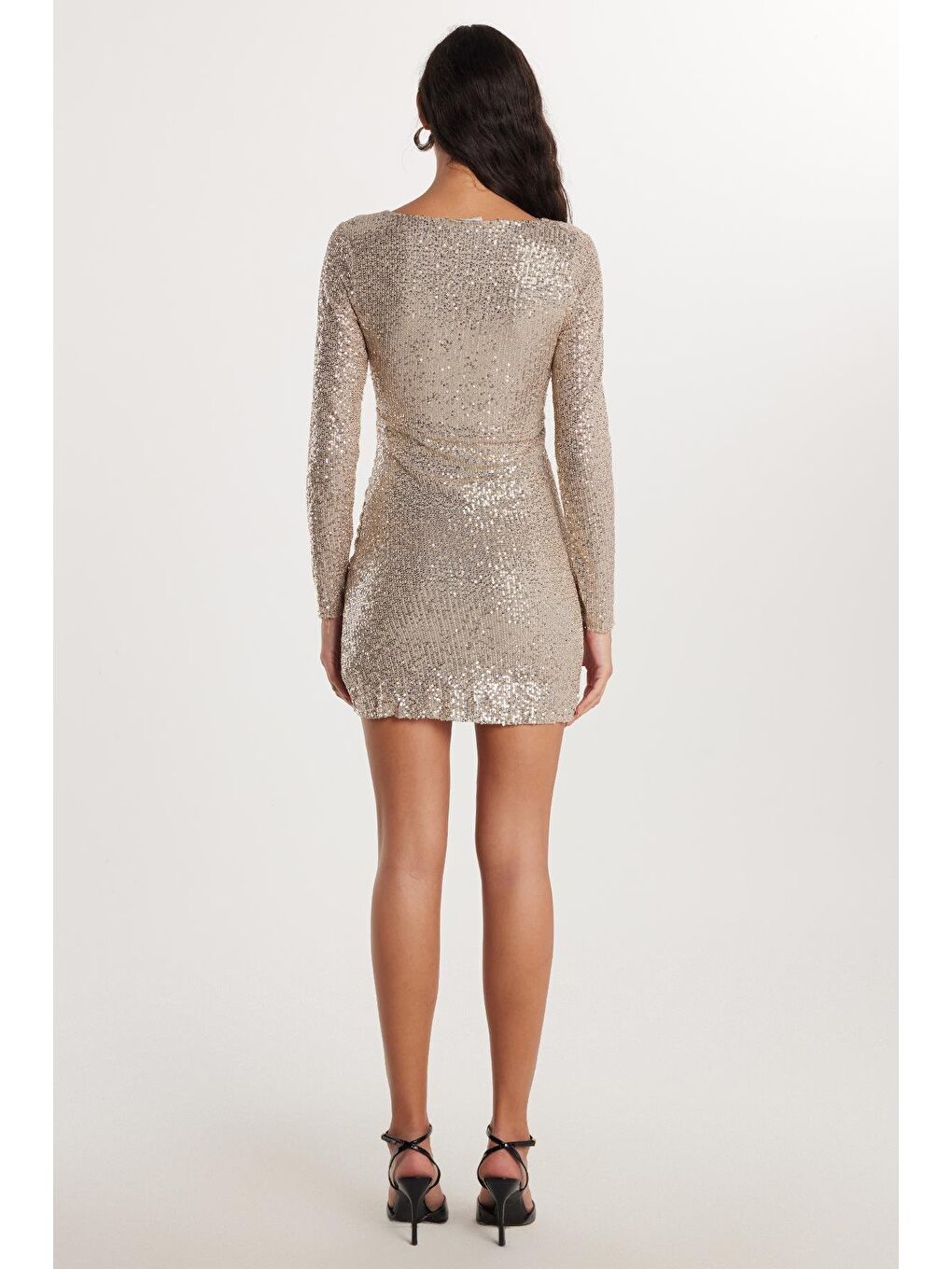 Bej Kadın Slim Fit Dar Kesim Uzun Kol Taş Renk V Yaka Mini Boy Elbise-4