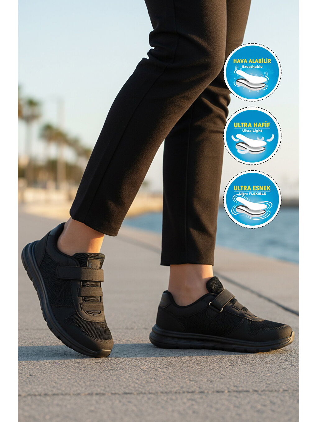 Siyah Cırtlı Fileli Hafif Hava Alabilen Unisex Spor Ayakkabı 616 G-2