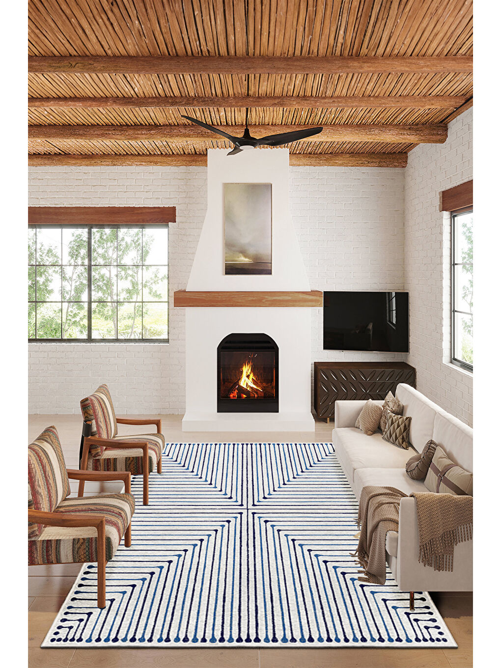 Lacivert Dekoratif Özel Tasarım Yıkanabilir İnce Kaymaz Tabanlı Modern Halı KECE FR22-2