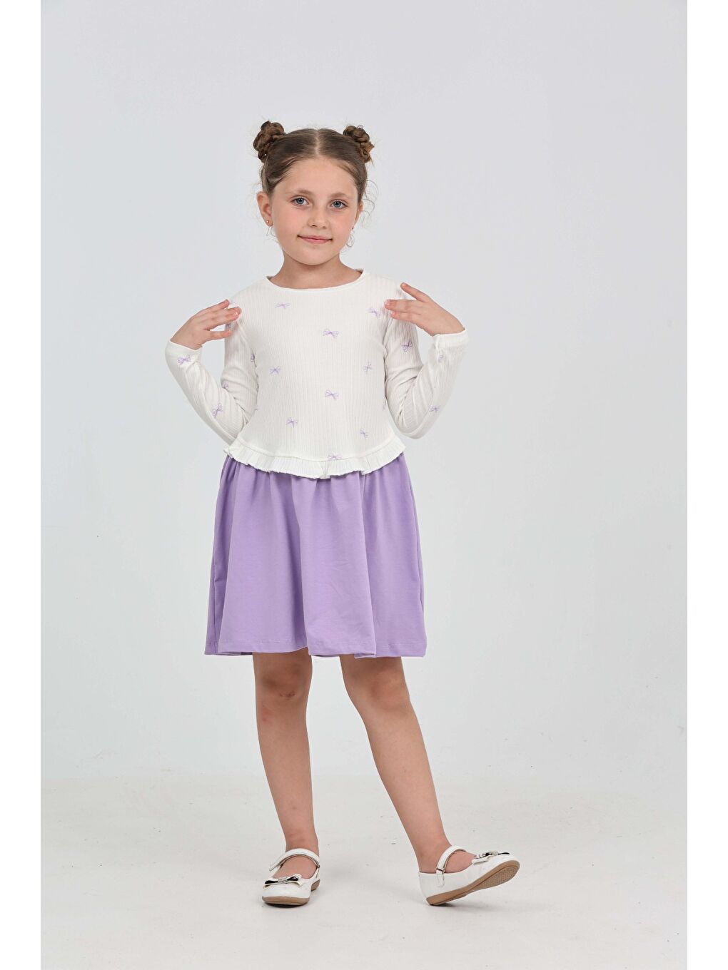 Lila Kız Çocuk Fiyonk Baskılı Elbise-1