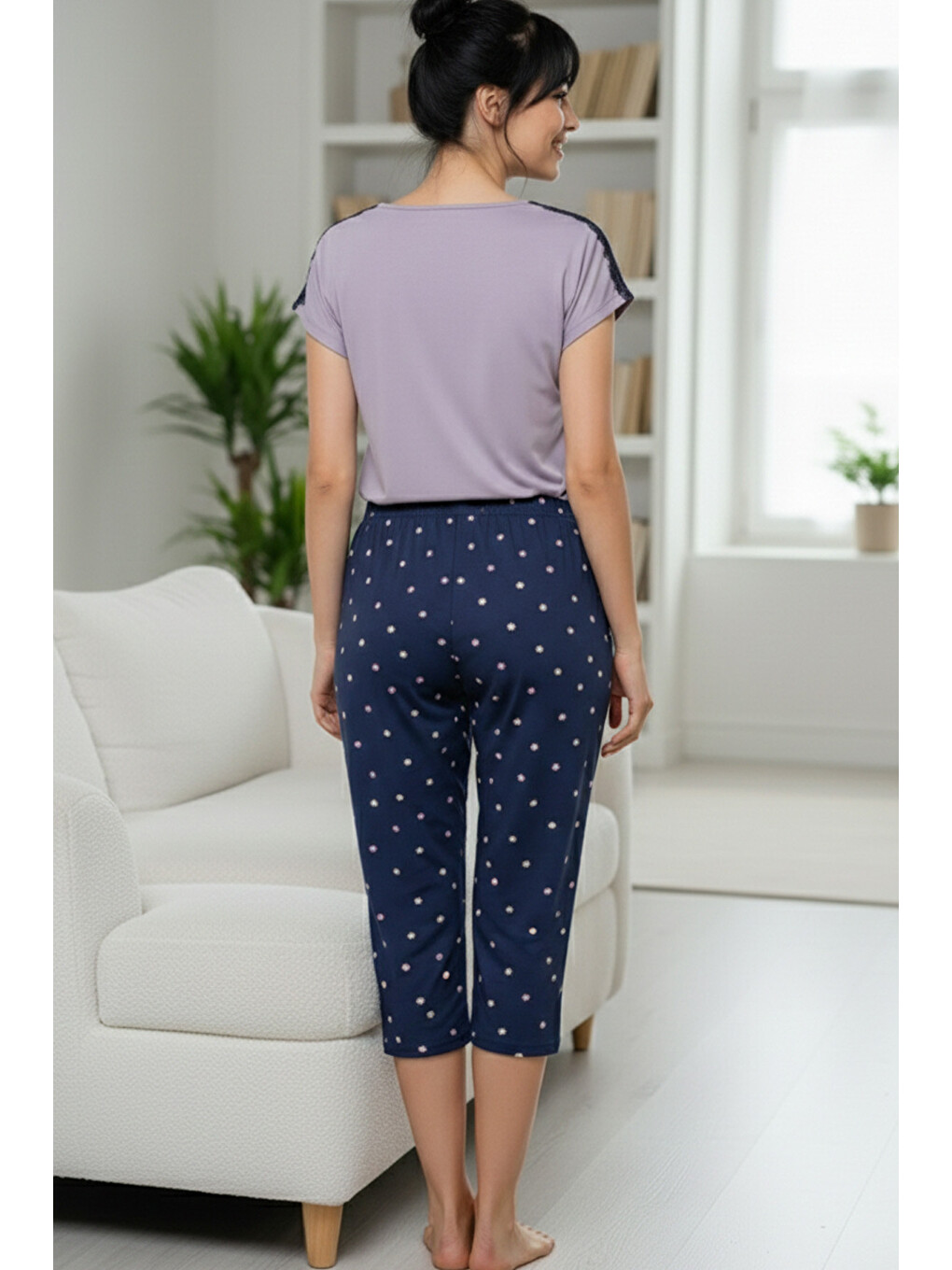 Lila Desenli Pamuklu V Yaka Örme Kapri Pijama Takım-2