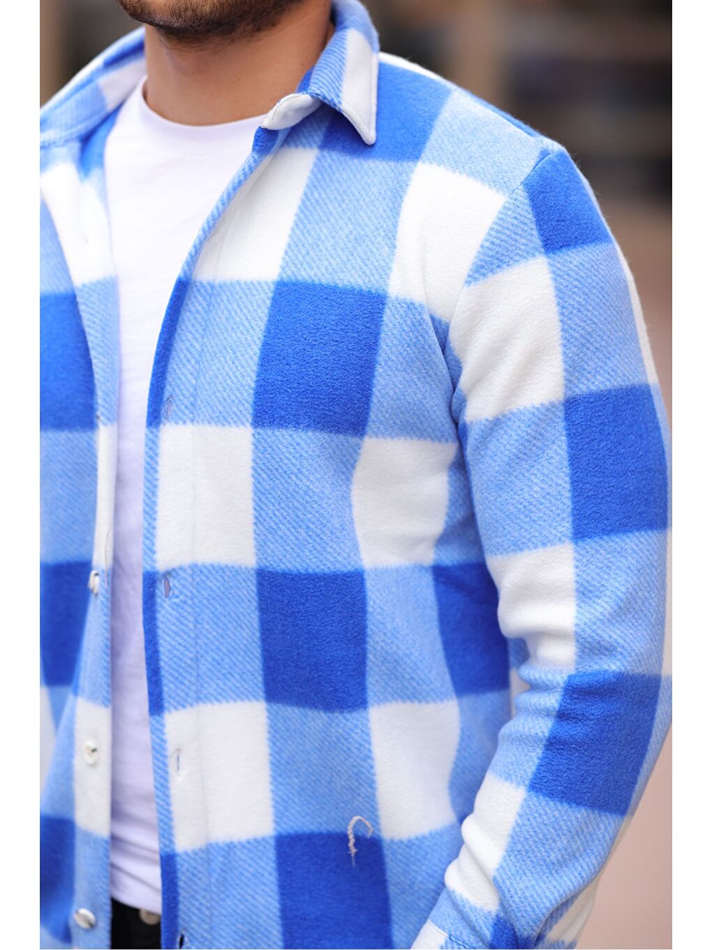 Mavi Erkek Kare Desen Polar Rahat Kalıp Gömlek-1