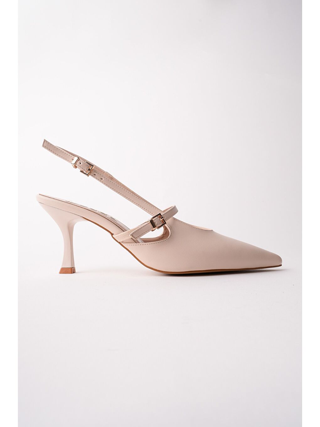 Bej ANJELA Kemer Detaylı Sivri Burun Arkası Açık Kadın Topuklu Ayakkabı-1