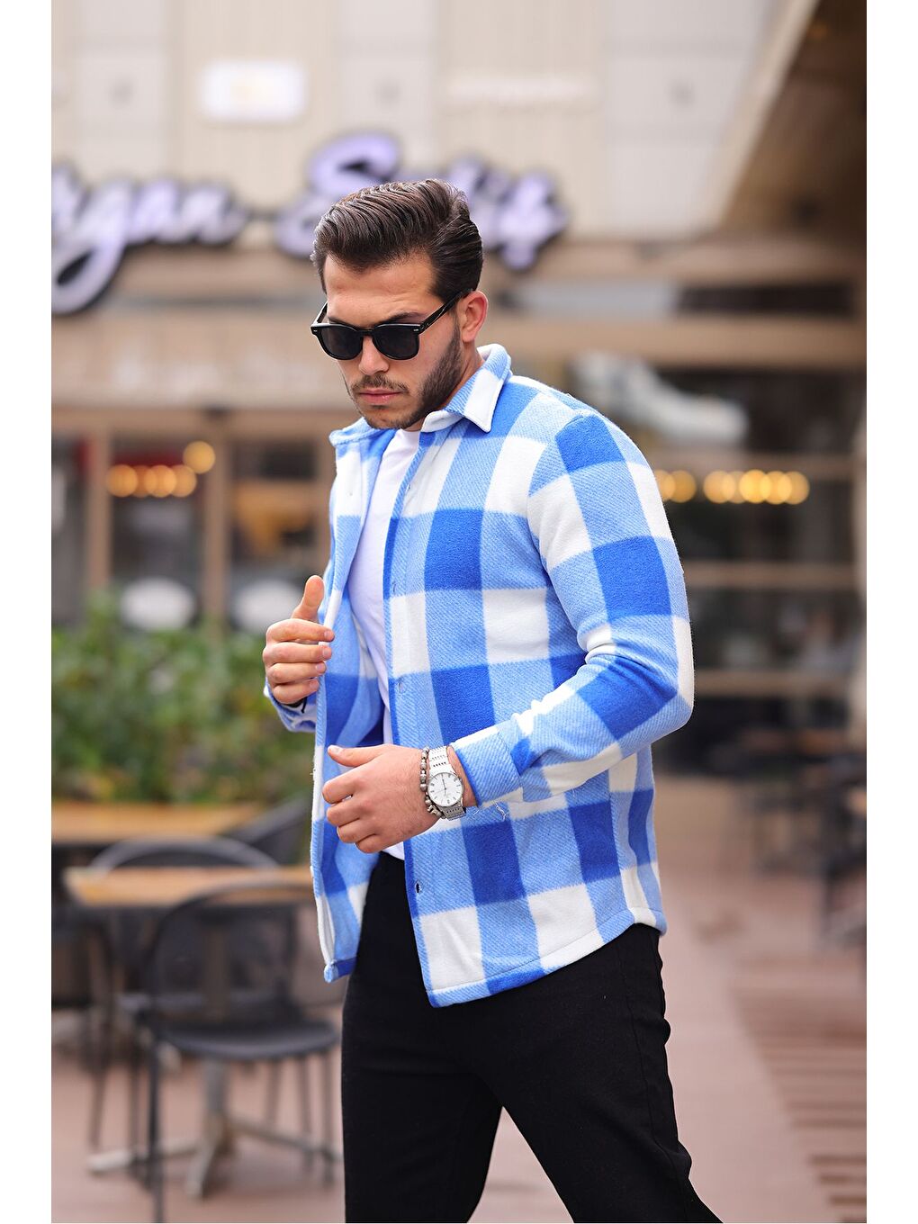 Mavi Erkek Kare Desen Polar Rahat Kalıp Gömlek-2