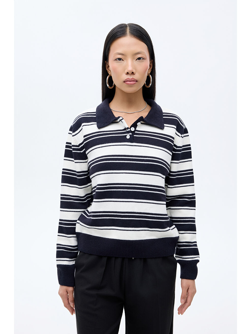 Polo Yaka Çizgili Triko Lacivert