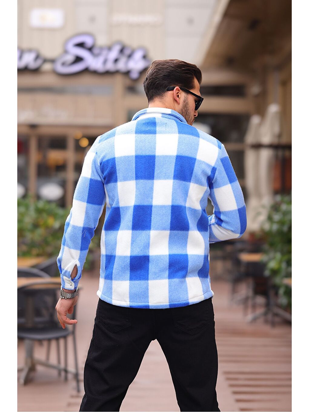 Mavi Erkek Kare Desen Polar Rahat Kalıp Gömlek-3