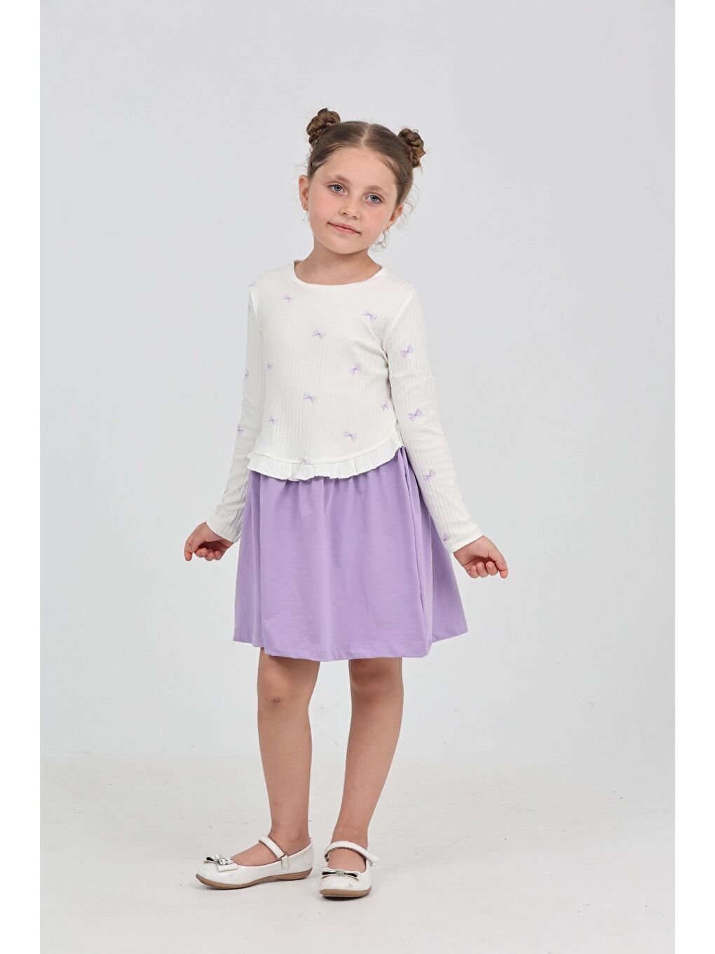 Lila Kız Çocuk Fiyonk Baskılı Elbise-2